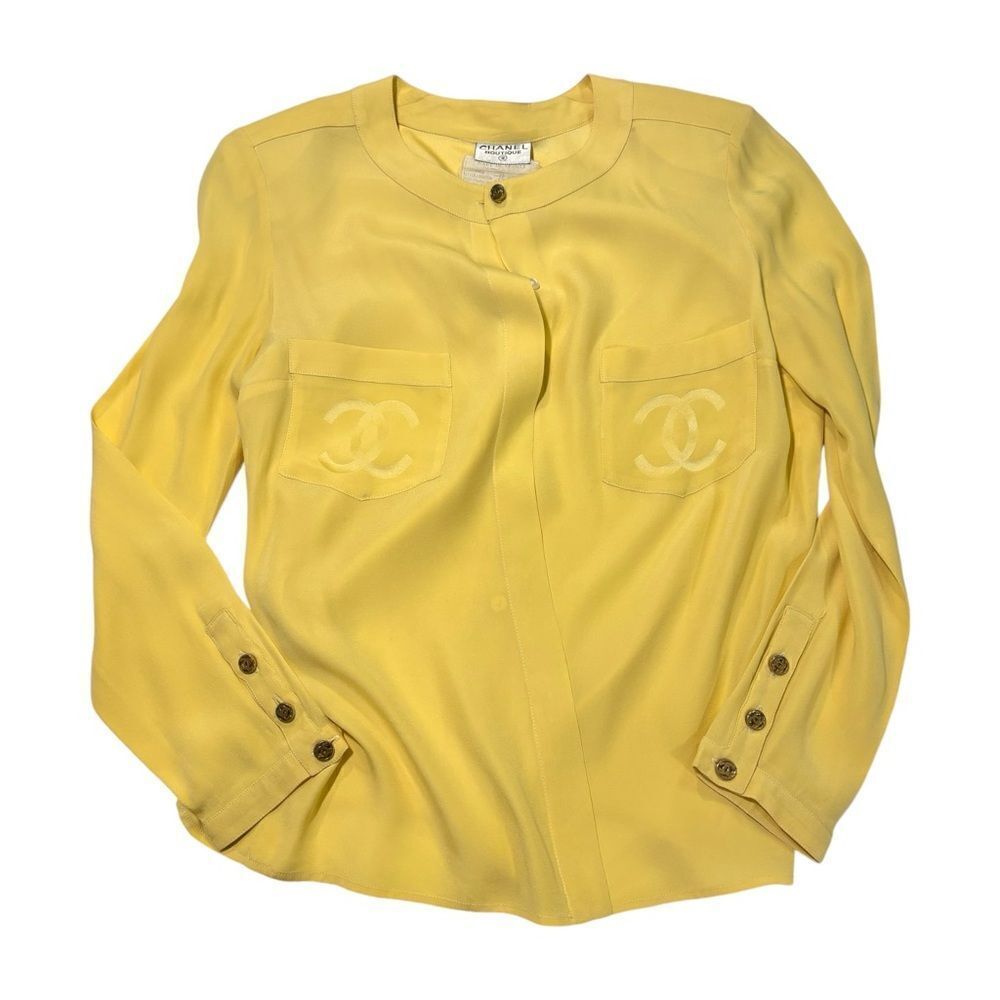 CHANEL SILK CC Logo Canary Yellow Blouse CC Gold Tone Button Detail |Size:36|